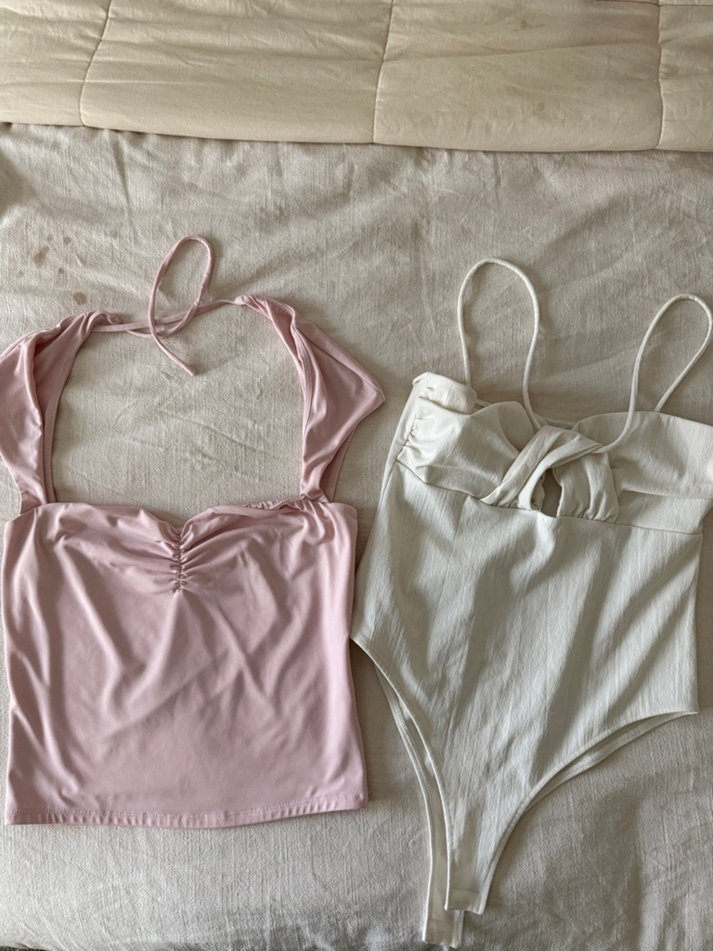 Pink Ruched Halter Crop Top & White Tie-Front Bodysuit Bundle